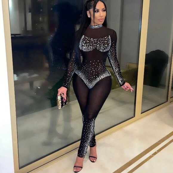 Diamond Glitz Sheer Crystal Jumpsuit - Picture 3 of 13